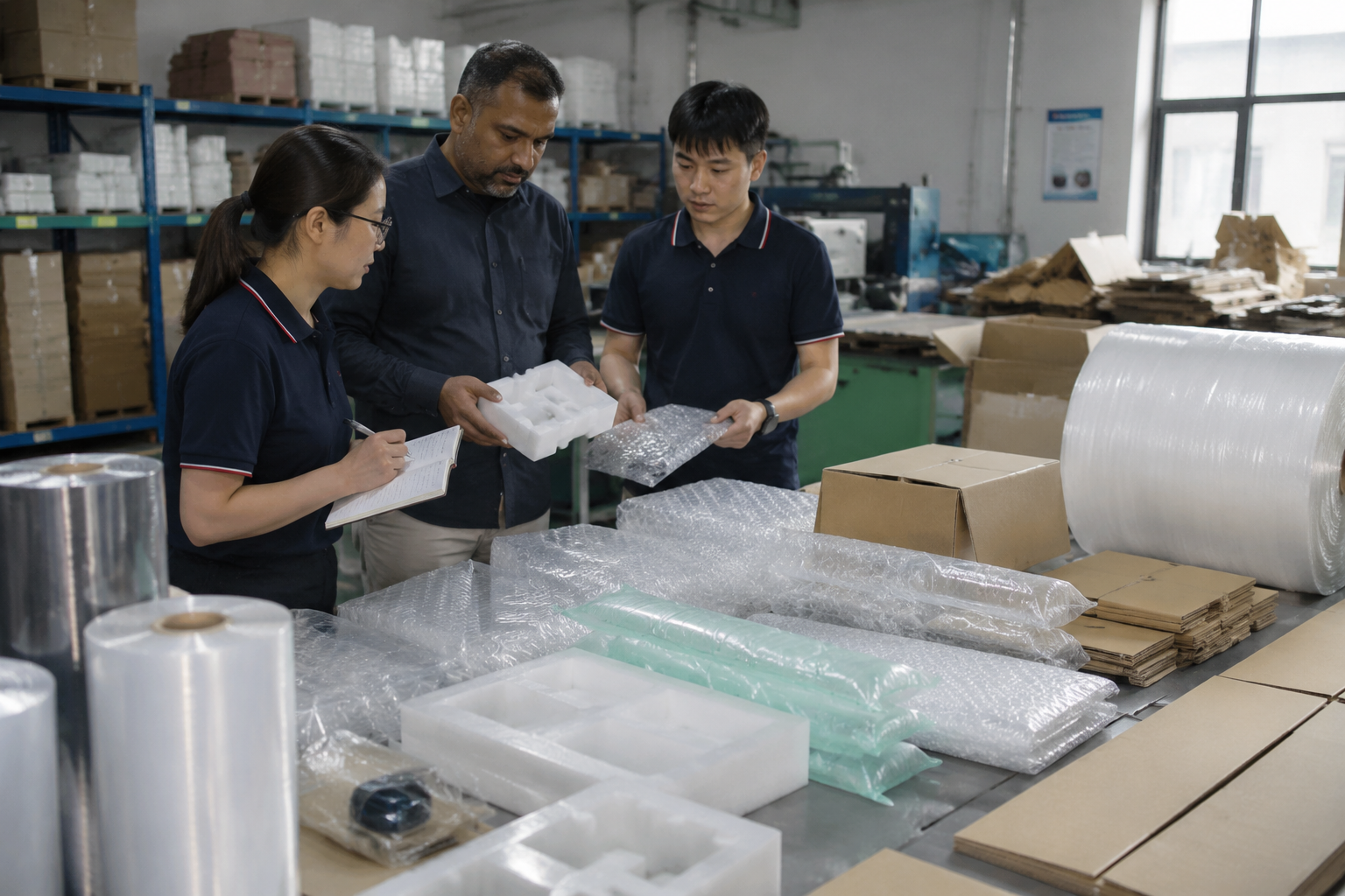 overseas packaging buyer comparing foam inserts, bubble wrap, plastic bags, film rolls, and corrugated boxes on a factory sample table