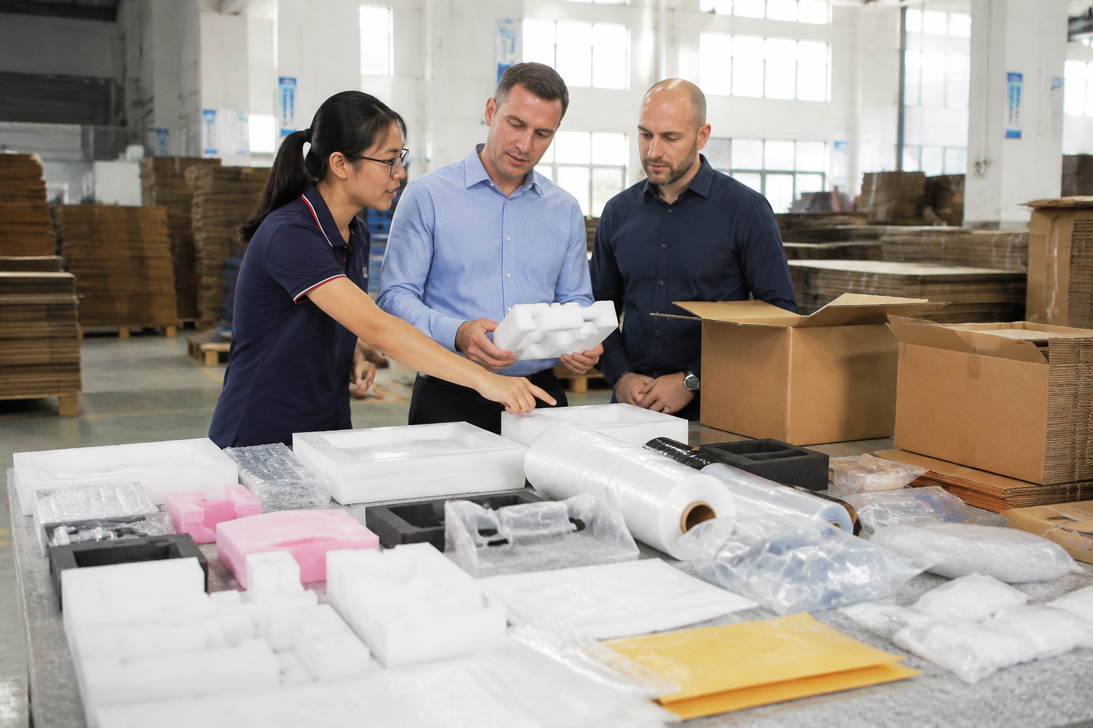 Overseas packaging buyer comparing EPE foam inserts, bubble wrap, plastic bags, film rolls, and corrugated boxes on a factory sample table