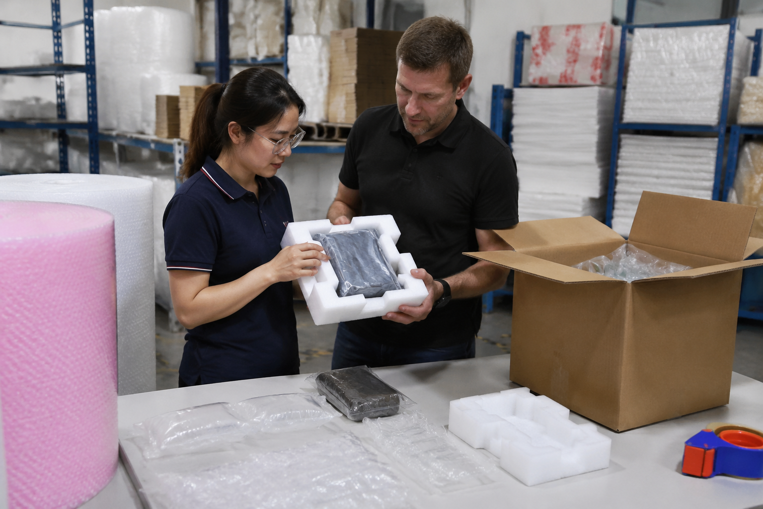 Overseas packaging buyer checking a custom packaging sample with a real product, carton, and packing tools on a factory sample table