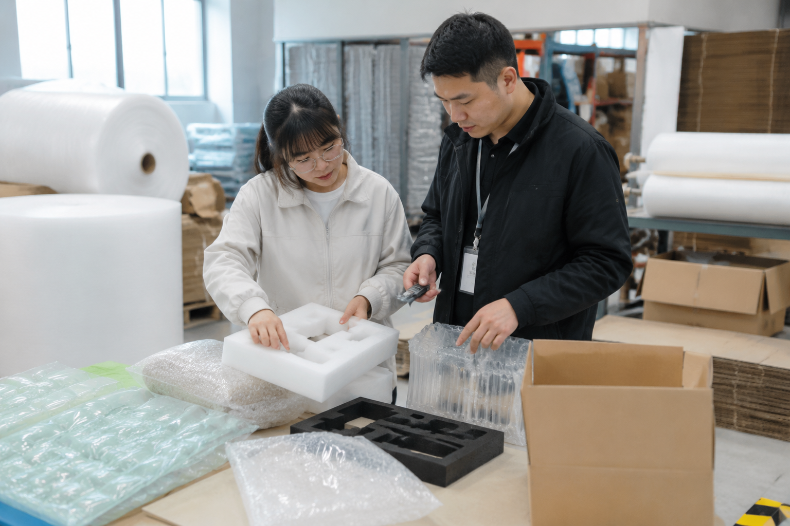 Packaging supplier reviewing product dimensions and protective packaging samples before bulk order confirmation