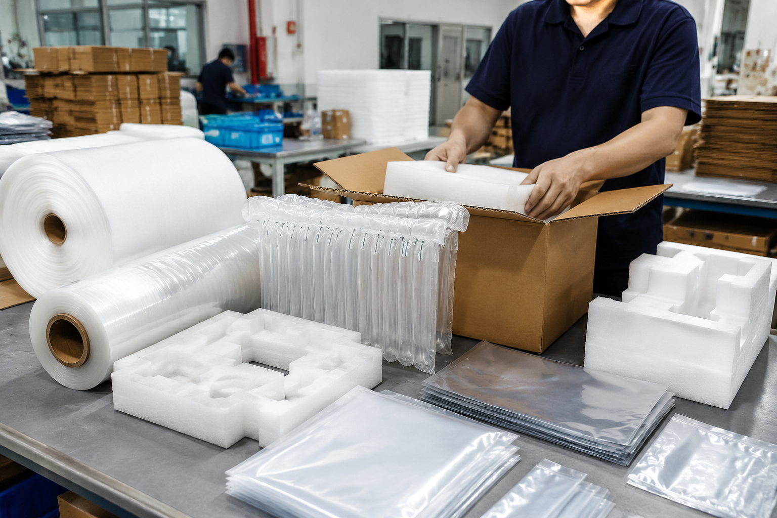custom packaging materials on a factory packing table including EPE foam inserts, inflated air column bags, poly bags, and corrugated cartons
