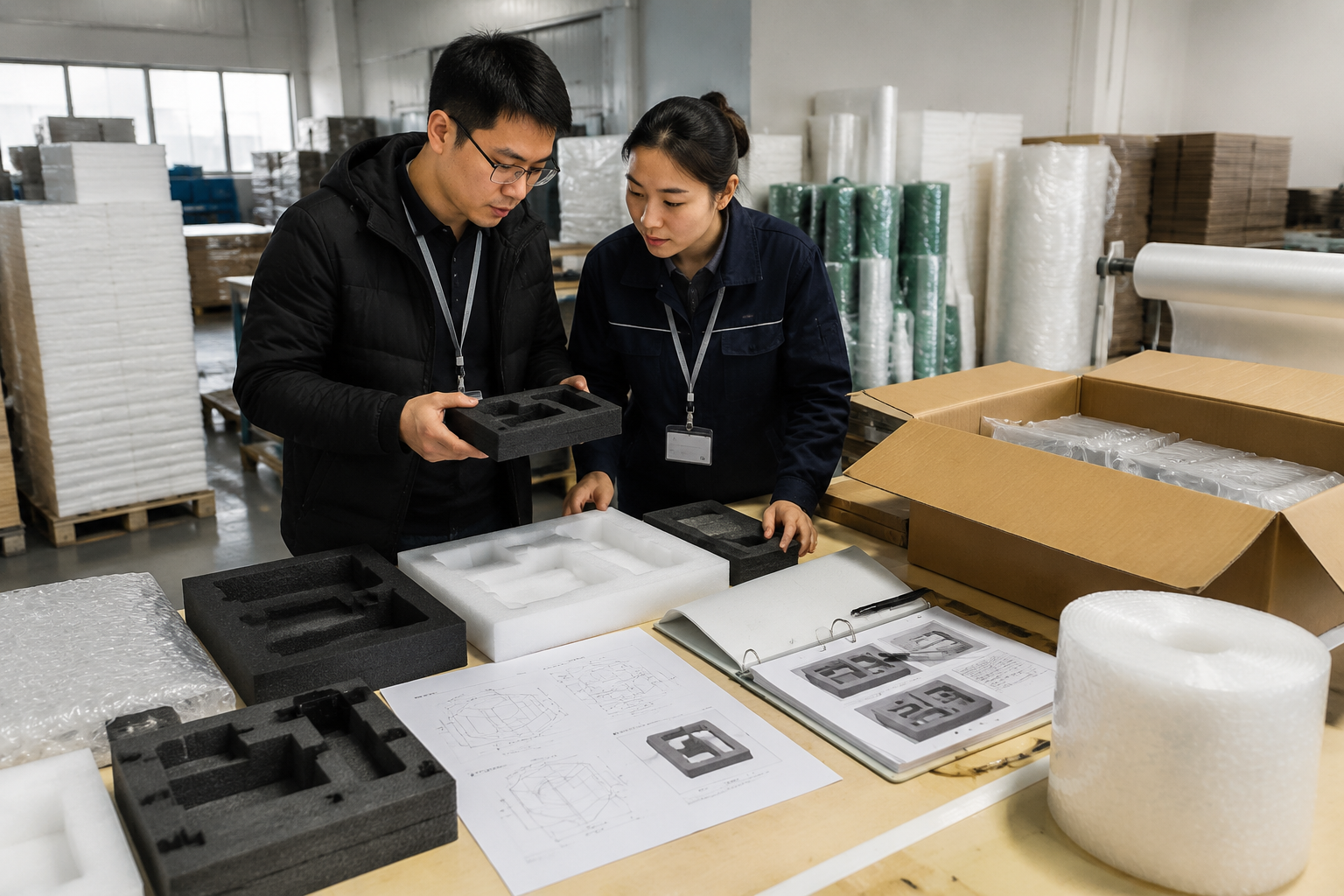 Packaging supplier reviewing approved custom foam insert samples, product dimensions, and production files before bulk order preparation