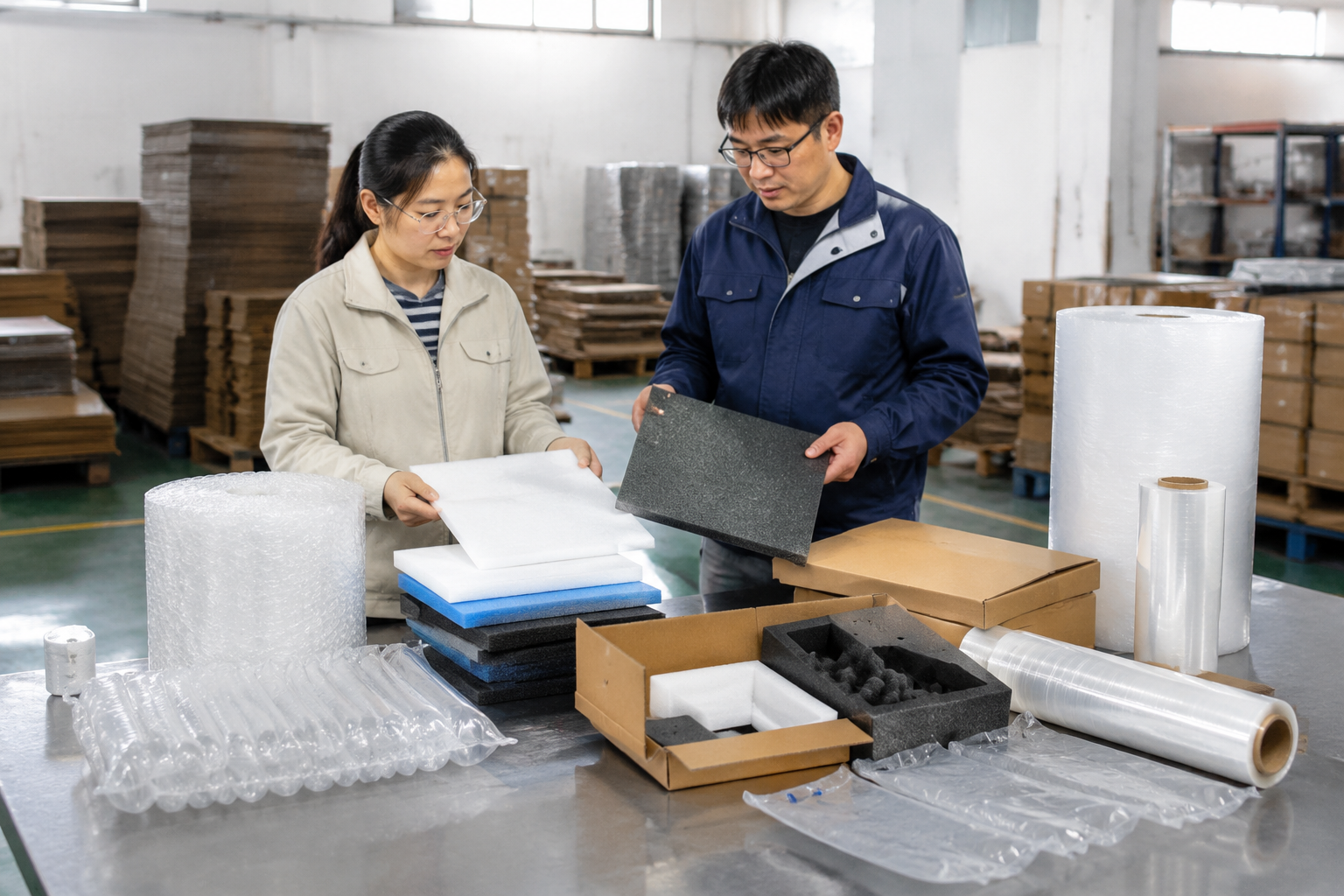 packaging buyer comparing foam sheets, bubble wrap, air pillows, plastic film, and corrugated cartons on a factory packing table
