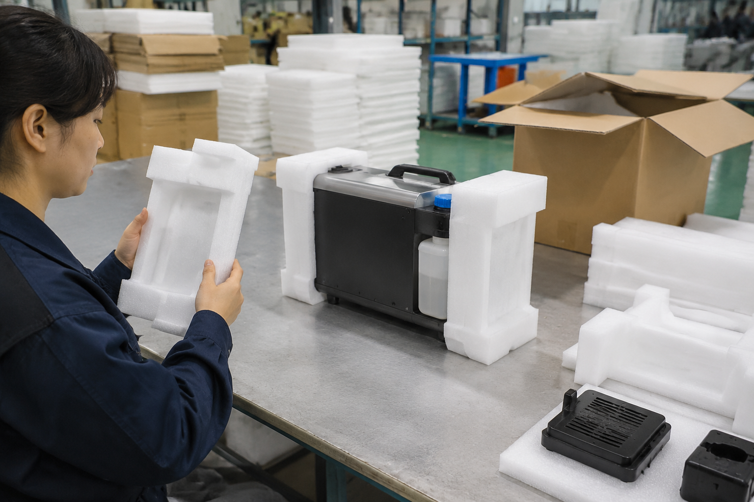 custom EPE foam inserts and foam corner protectors being checked against product samples in a packaging factory