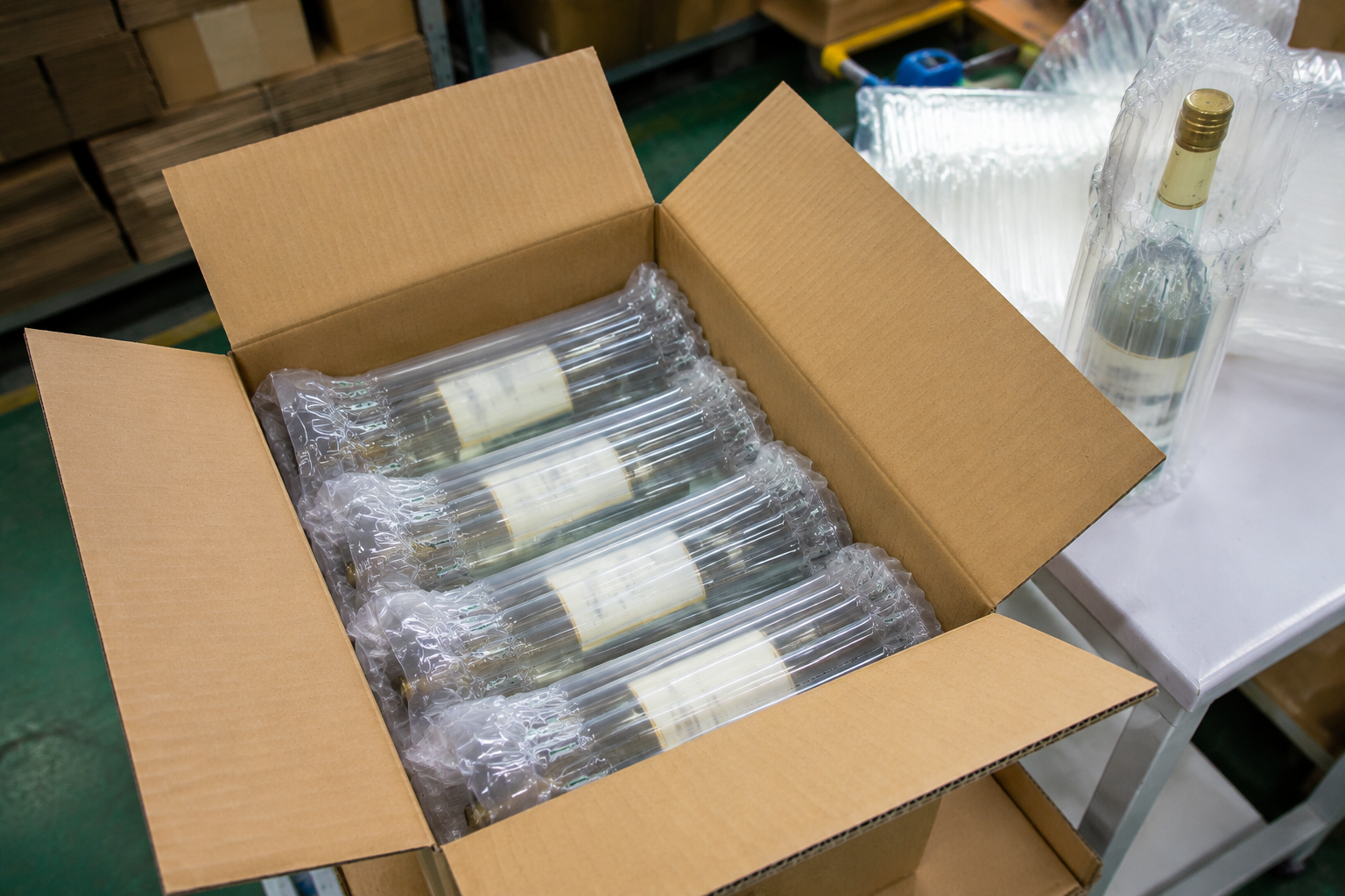 fragile glass bottles protected with air column bags inside corrugated shipping cartons