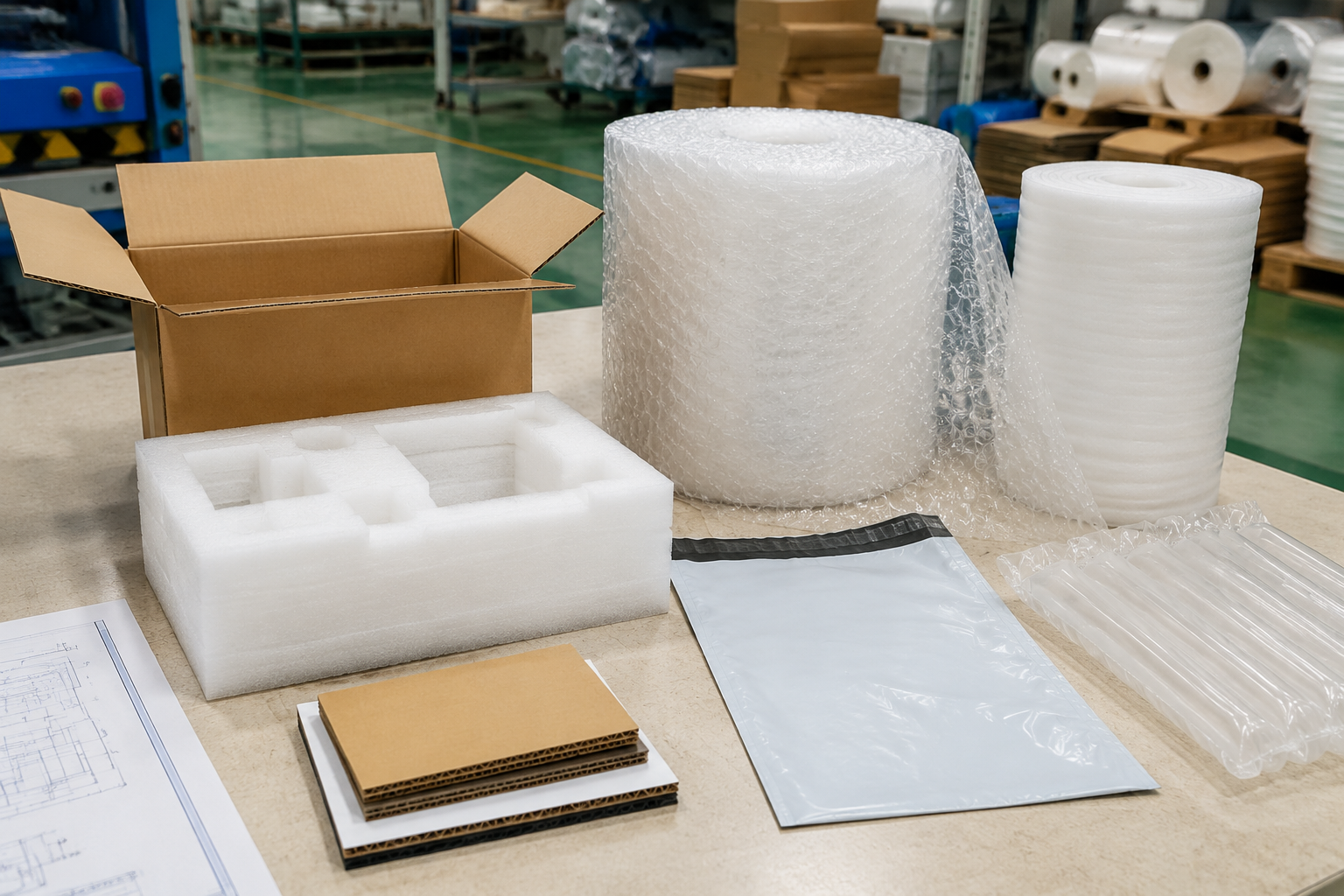 packaging material sample confirmation table with EPE foam insert, printed poly mailer, bubble film roll, and corrugated carton samples