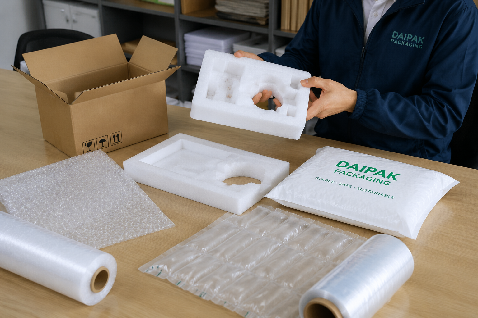 packaging material sample confirmation table with foam insert, printed mailer bag, bubble film, and corrugated carton samples