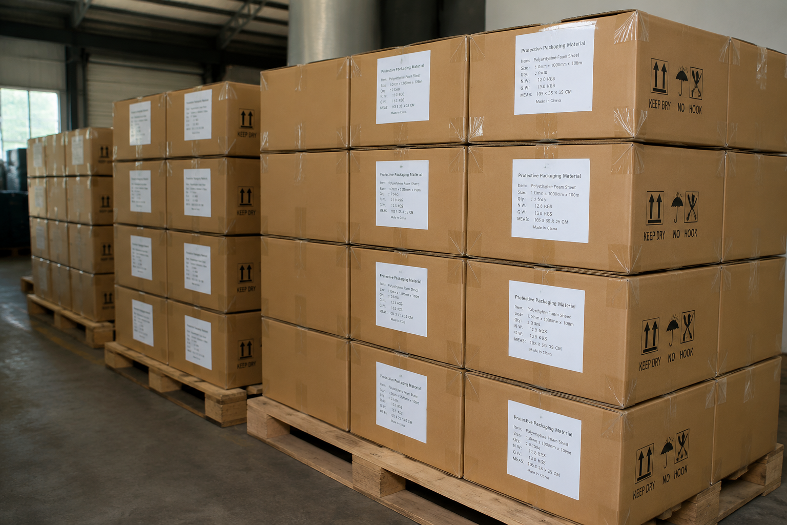 export cartons of bulk packaging materials stacked for shipment with carton marks and packing labels