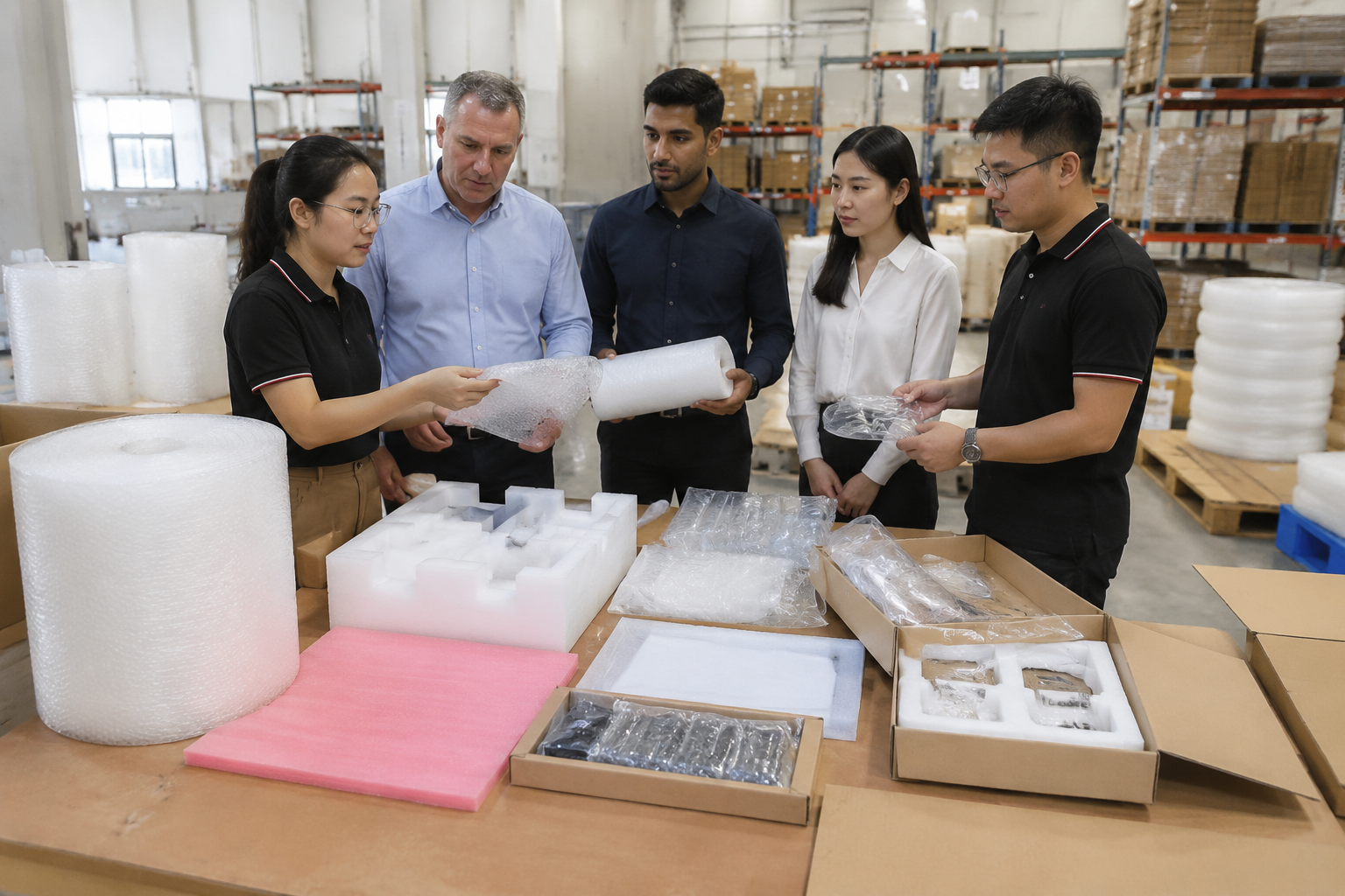 overseas procurement team comparing supplier options for protective packaging materials including foam, bubble wrap, cartons, and plastic bags