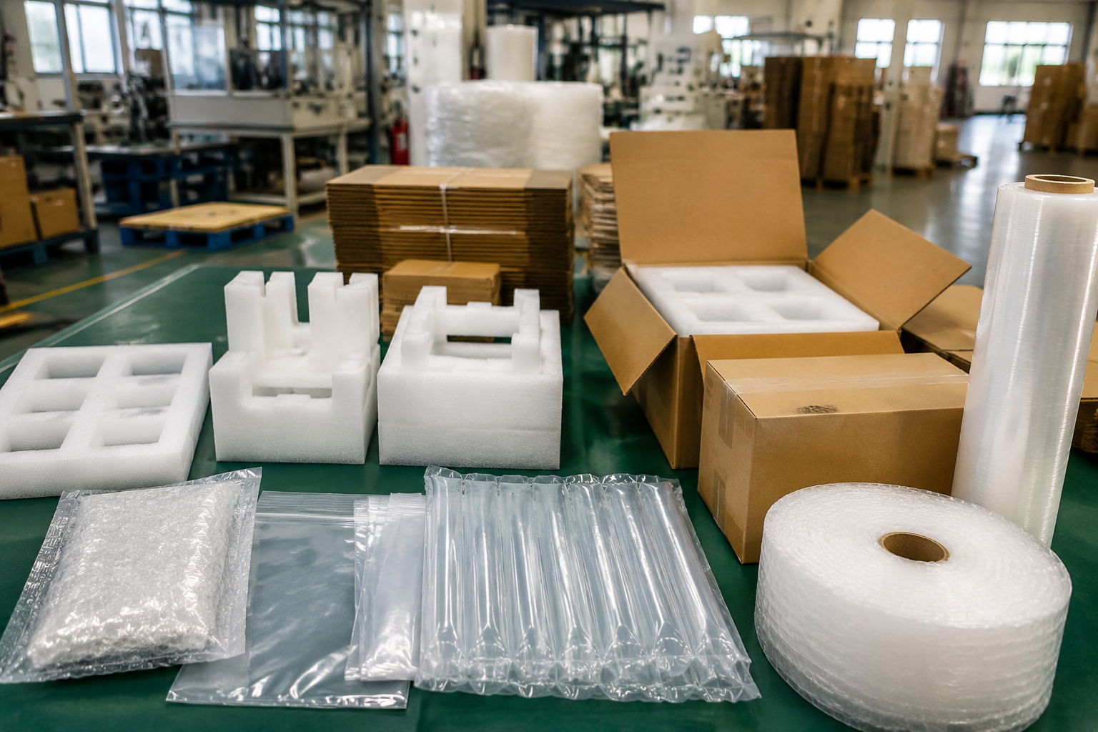 coordinated protective packaging materials on a factory packing table including EPE foam inserts bubble wrap plastic bags corrugated boxes and stretch film