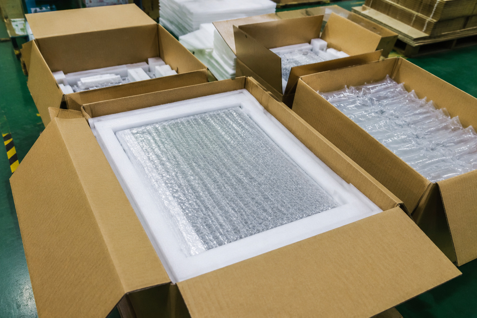protective inner packing with foam sheets, bubble wrap, and air cushion materials arranged inside export shipping cartons