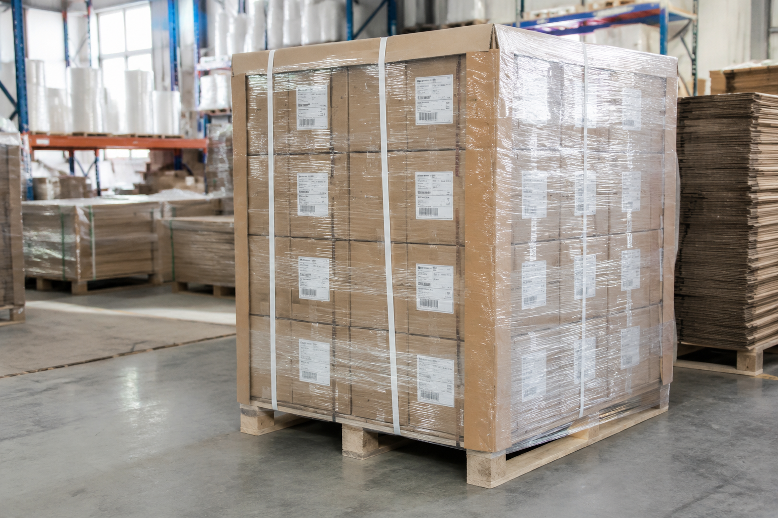 export cartons stacked neatly on a pallet with stretch film, corner protectors, and shipping labels in a warehouse