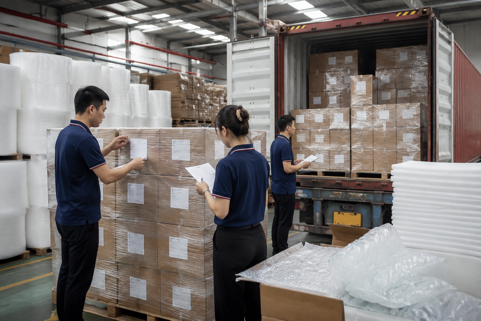 warehouse team checking carton count, pallet labels, and loading sequence before export container dispatch