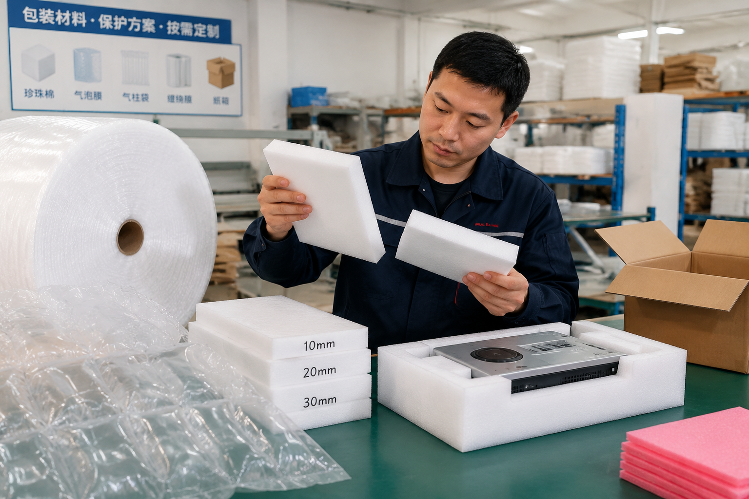 Worker comparing EPE foam sheet thickness and product fit during protective packaging sample review