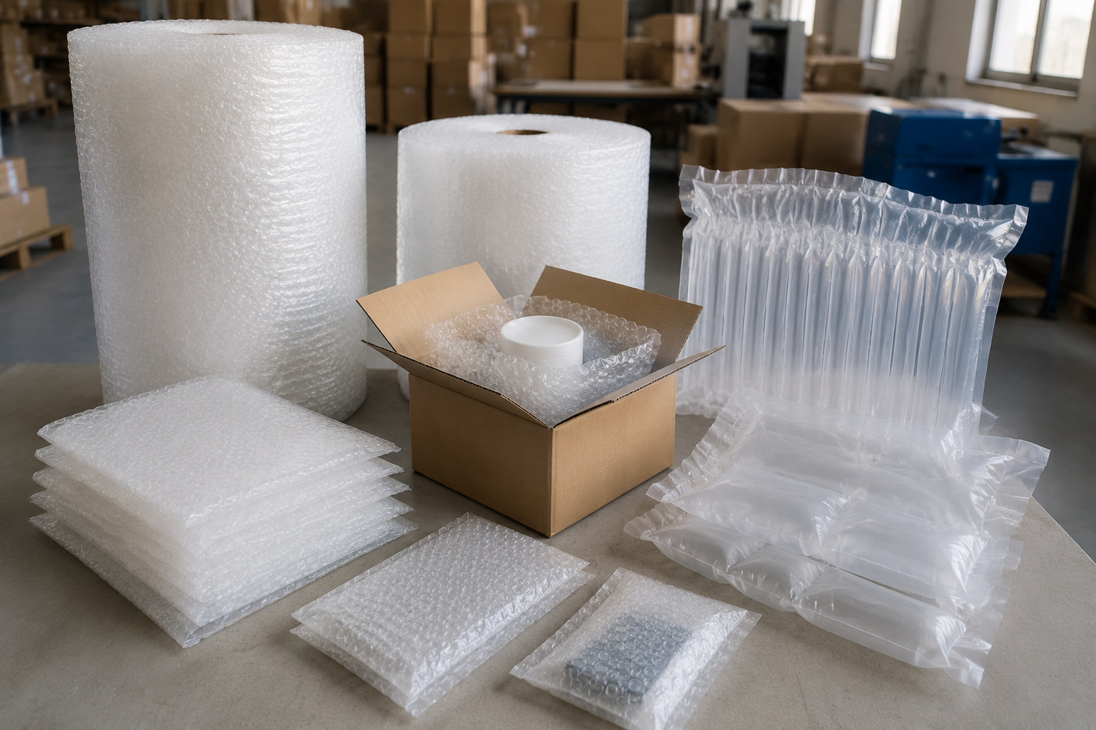 bubble wrap rolls, pre-cut sheets, bubble bags, air column bags, and air pillow film displayed together on a warehouse packing table