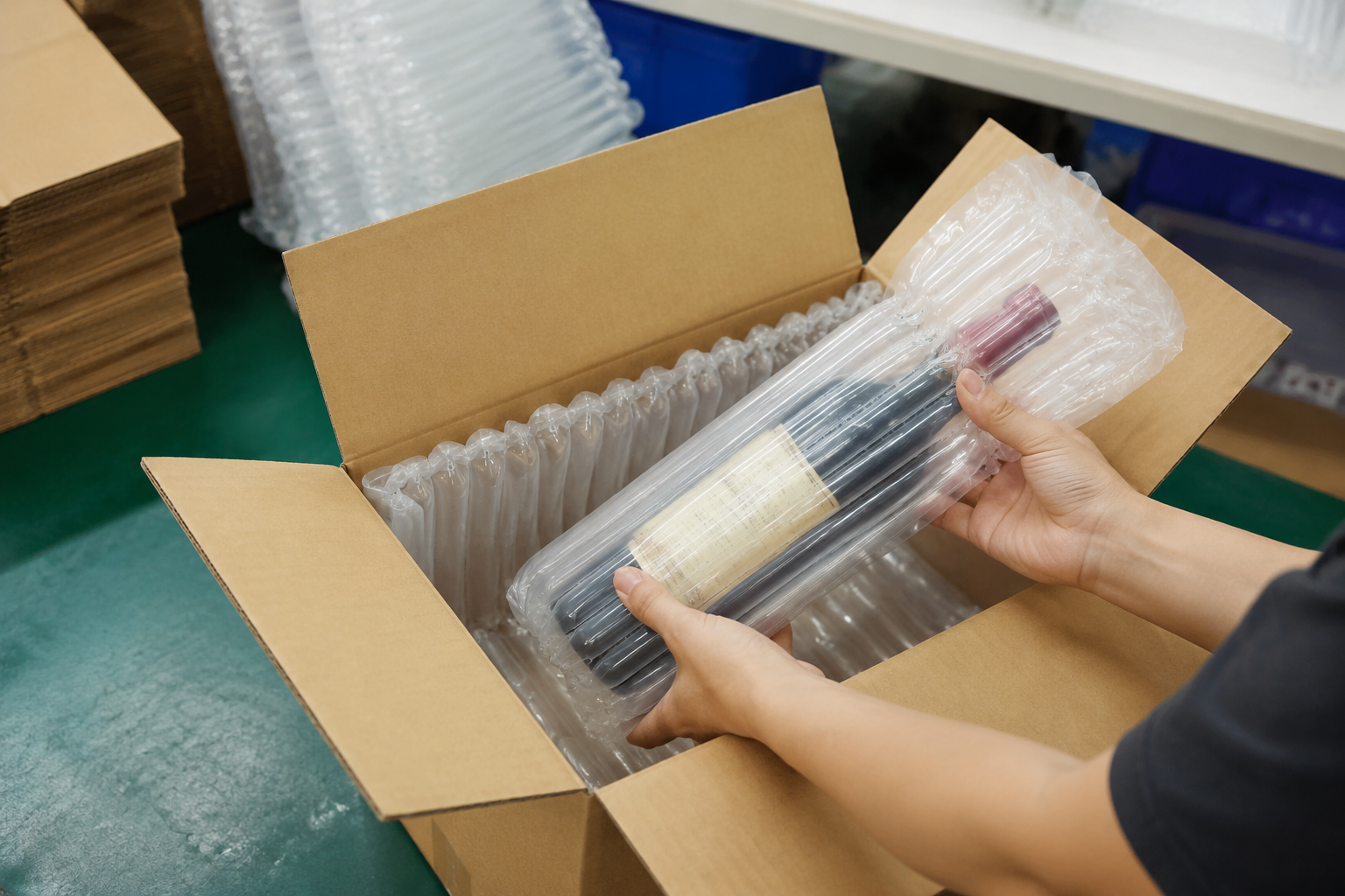 fragile glass bottle protected with air column packaging inside an outer shipping carton