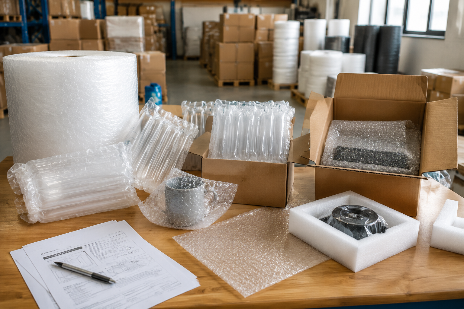 warehouse packing table with bubble wrap, air column bags, and boxed fragile products arranged for specification review
