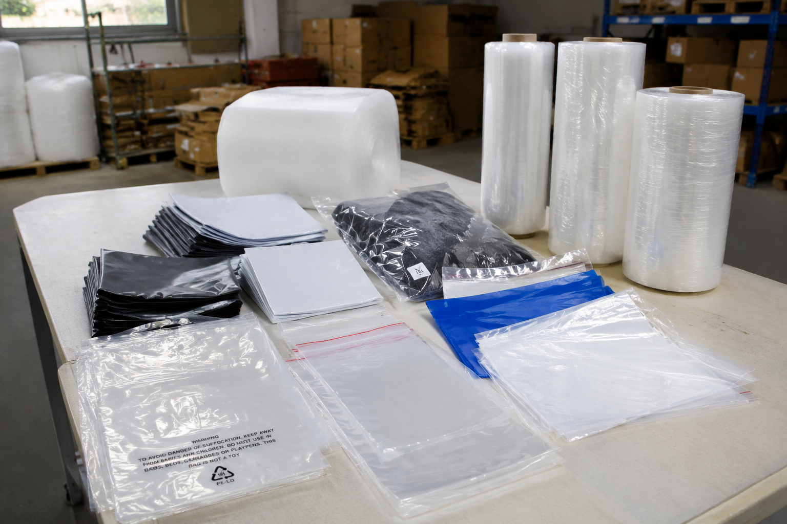 assorted plastic bags and film packaging including poly mailers, clear bags, garment bags, liner bags, and stretch film rolls on a packing table