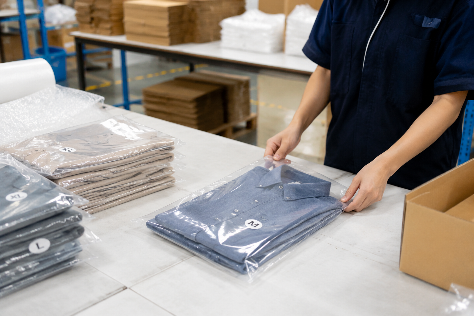 apparel packing table with folded shirts placed into clear garment bags with size labels and cartons nearby