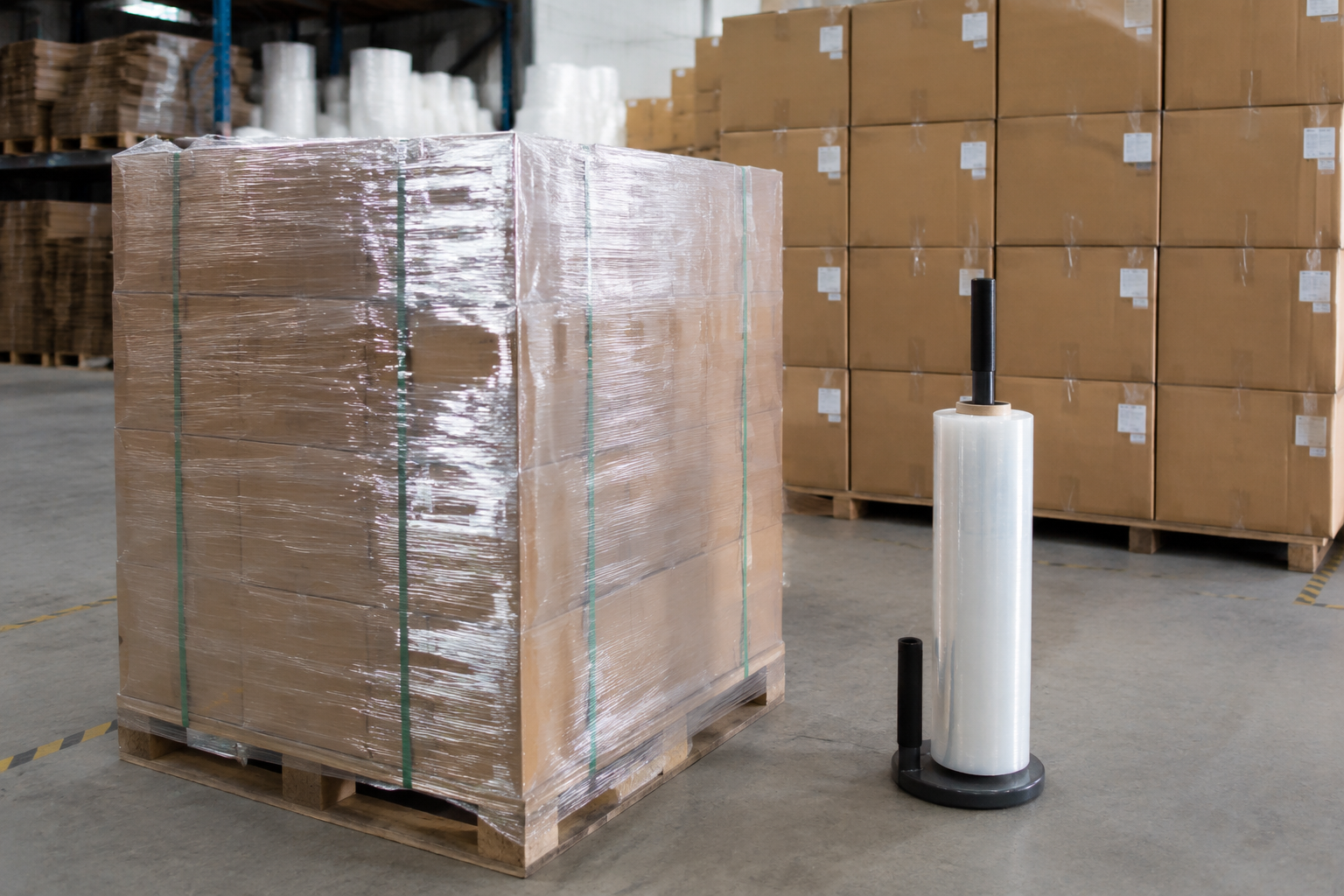warehouse pallet wrapped with stretch film beside stacked export cartons and a hand wrap roll