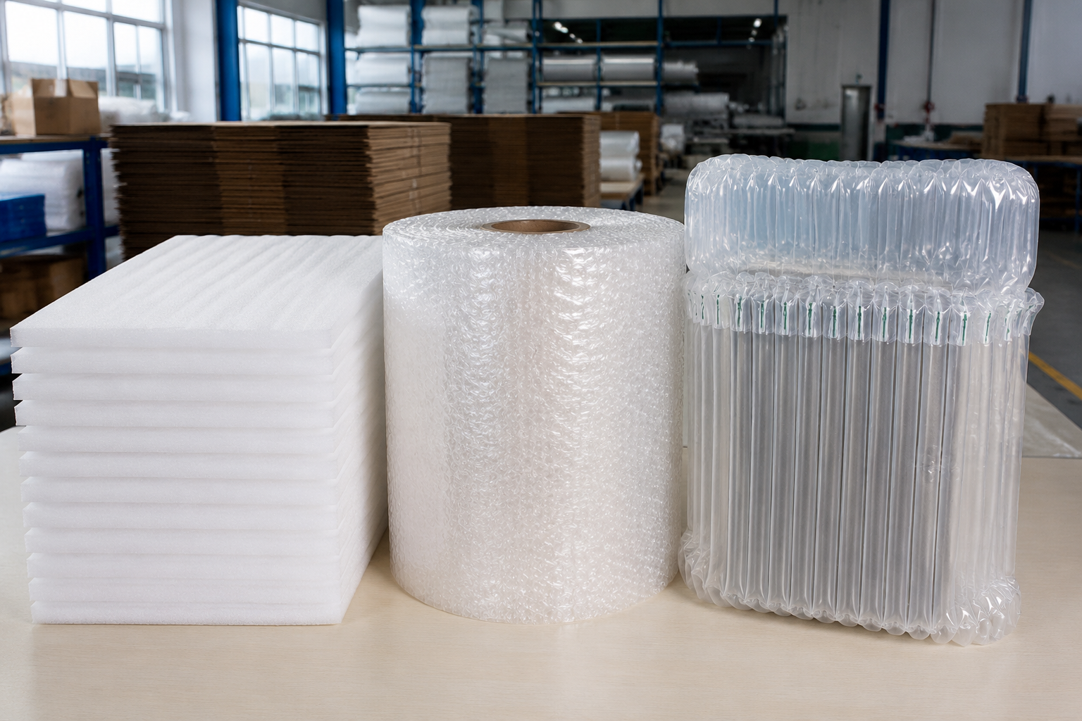 side-by-side view of EPE foam sheet, bubble wrap roll, and air column bag packaging on a packing table