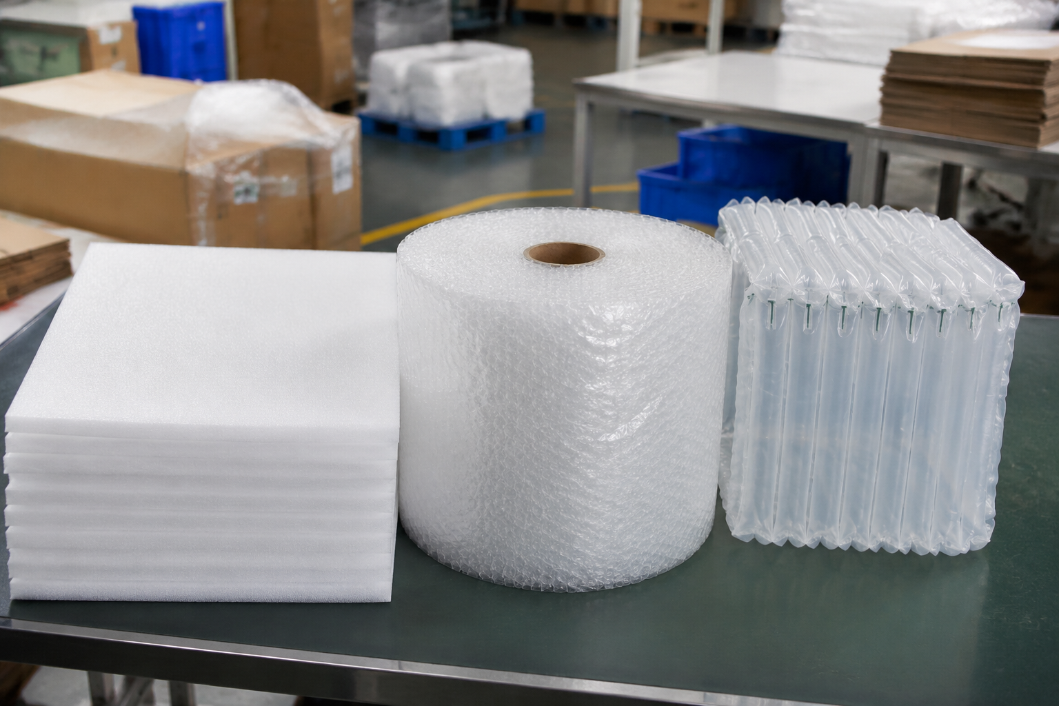 Side-by-side view of EPE foam sheet, bubble wrap roll, and air column bag packaging on a packing table