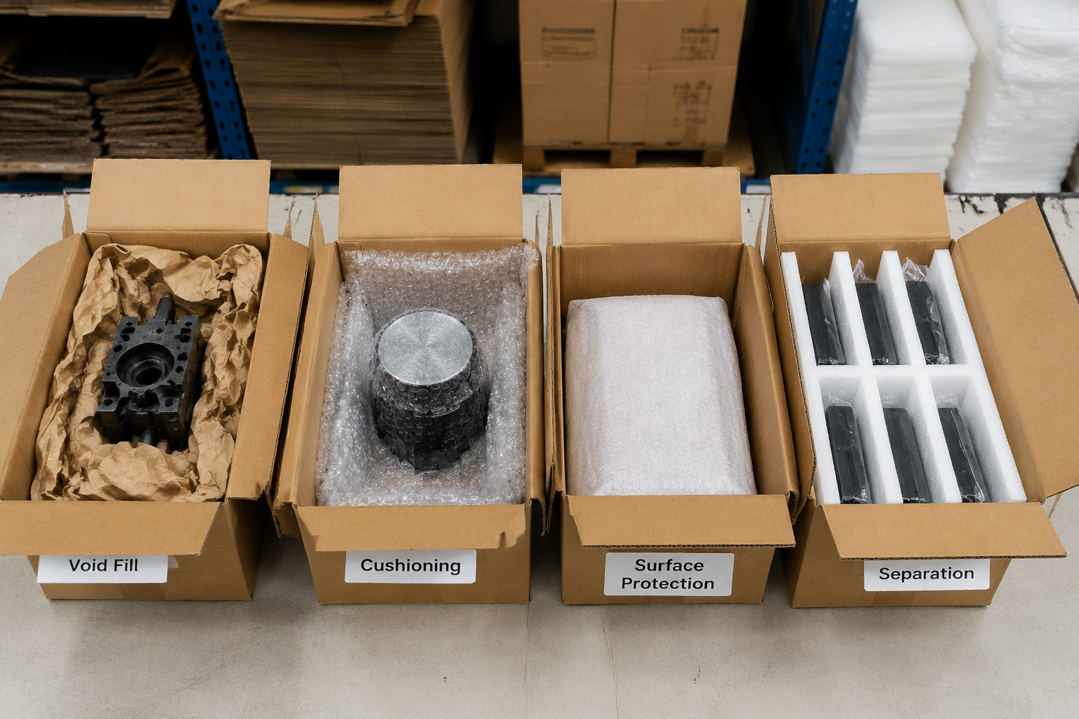 comparison layout showing void fill, cushioning, surface protection, and separation inside corrugated cartons on a packing table