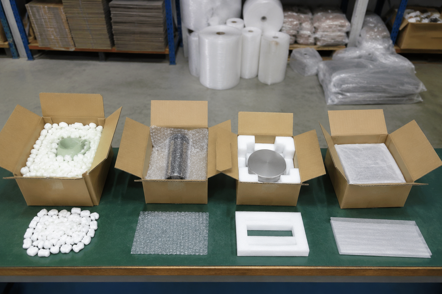 warehouse packing table showing products placed in cartons with different amounts of void fill, thin cushioning, and surface protection
