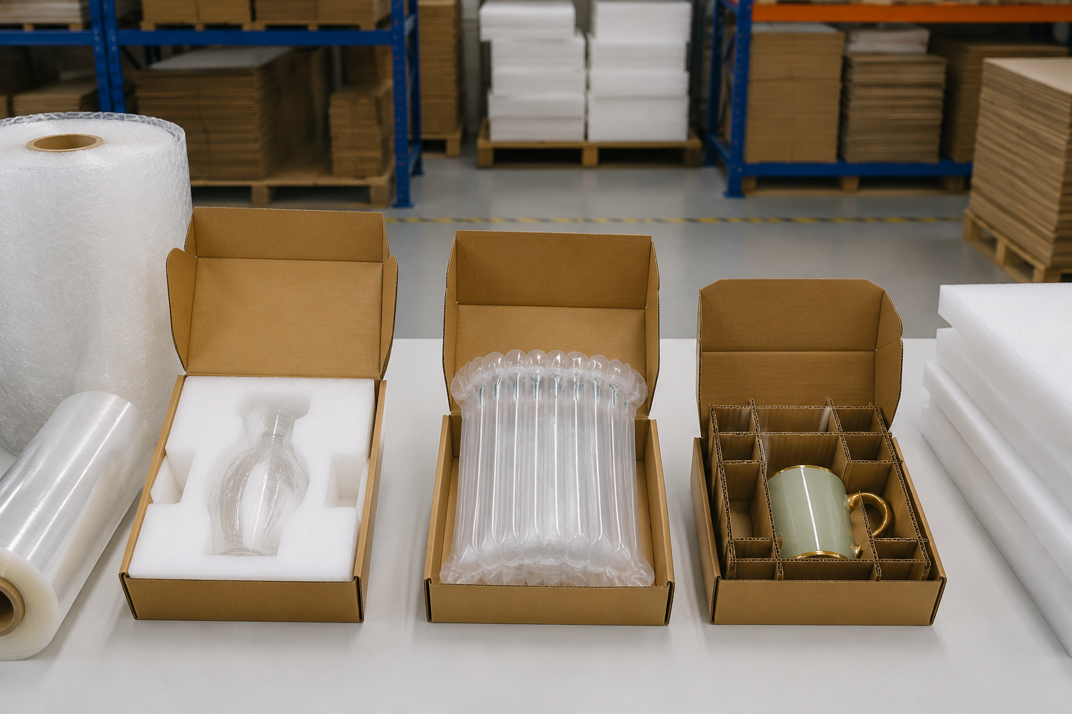 Side-by-side packaging comparison showing custom foam inserts, air column packaging, and corrugated inserts beside fragile products