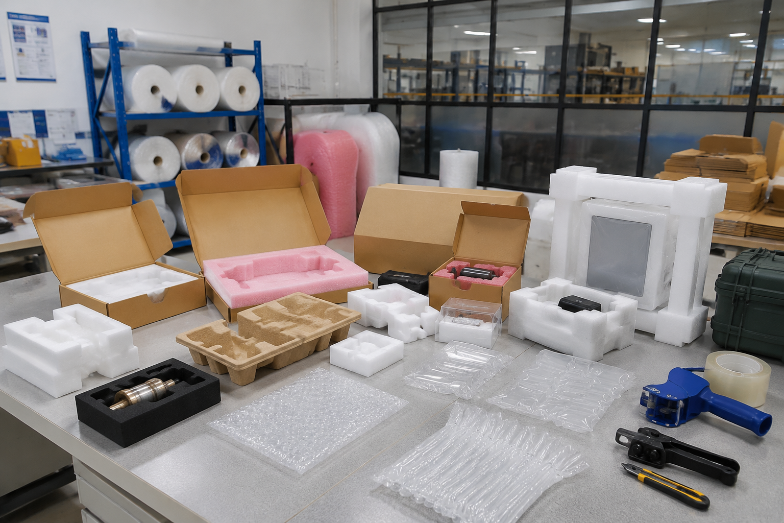Factory-side sample comparison table with insert prototypes, carton mockups, fragile products, and packing tools
