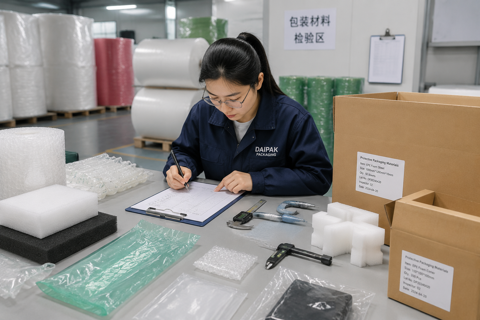 packaging quality control checklist with samples, measuring tools, cartons, and printed labels on a factory inspection table