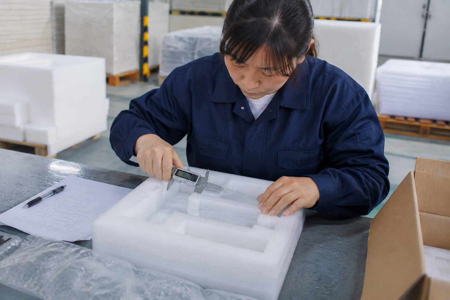 worker measuring custom EPE foam insert dimensions during protective packaging inspection