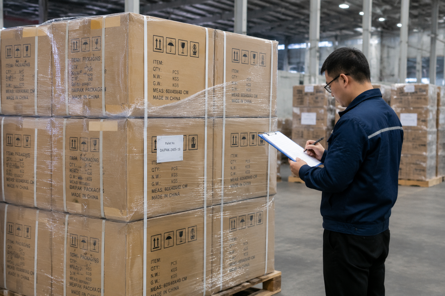 export cartons with clear carton marks and pallet labels being checked before shipment in a packaging warehouse