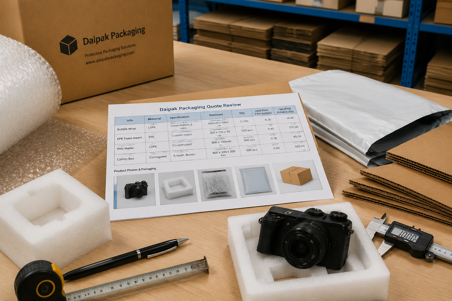 Daipak-style packaging quote review table with bubble wrap, EPE foam insert, poly mailer, corrugated box samples, product photos, and measurement tools