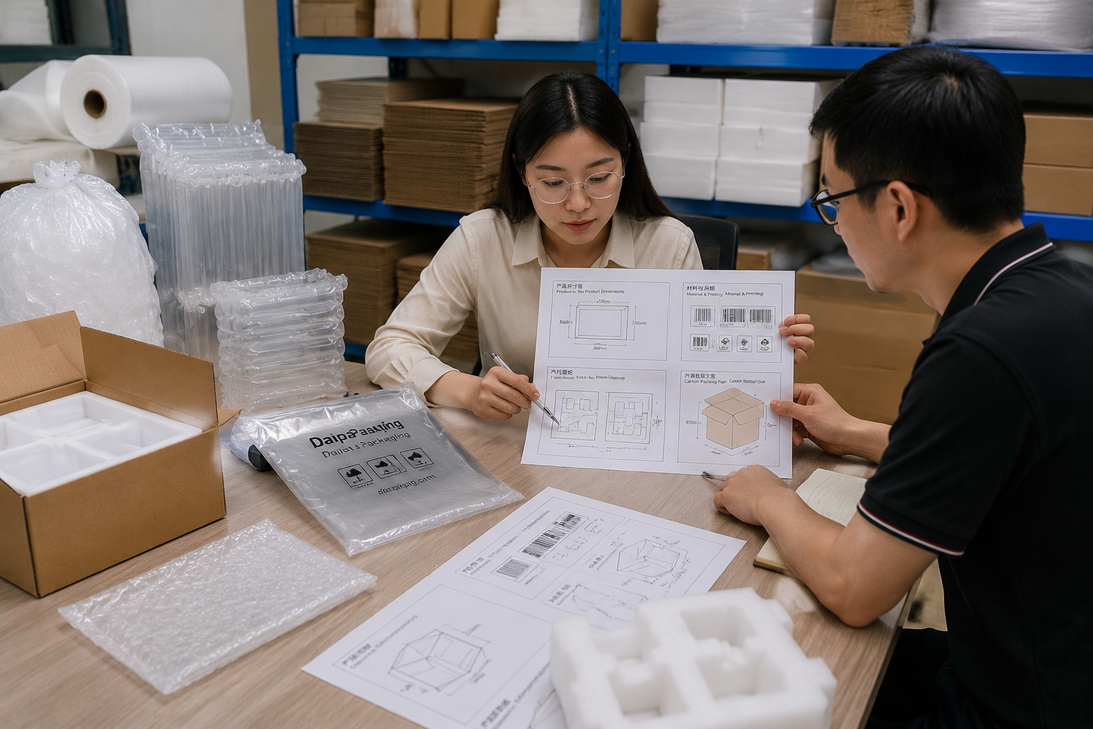 custom packaging specification review showing product measurements, printed bag artwork, foam insert drawing, and export carton packing plan